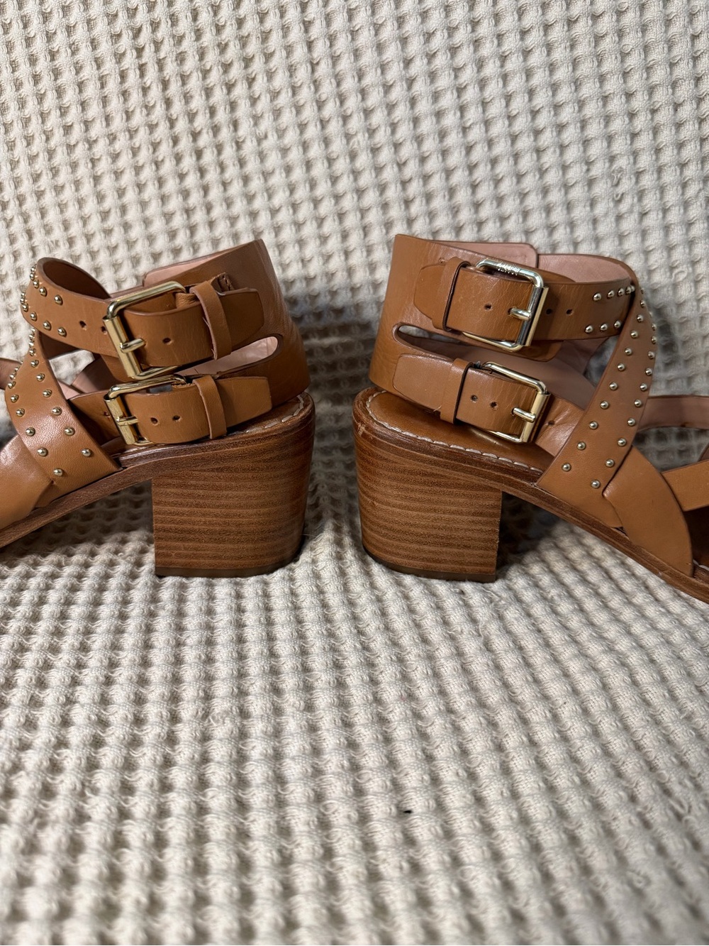 Sigerson Morrison Studded Leather Block Heel Sandals Tan Size 9B Designer Shoes - Picture 7 of 11